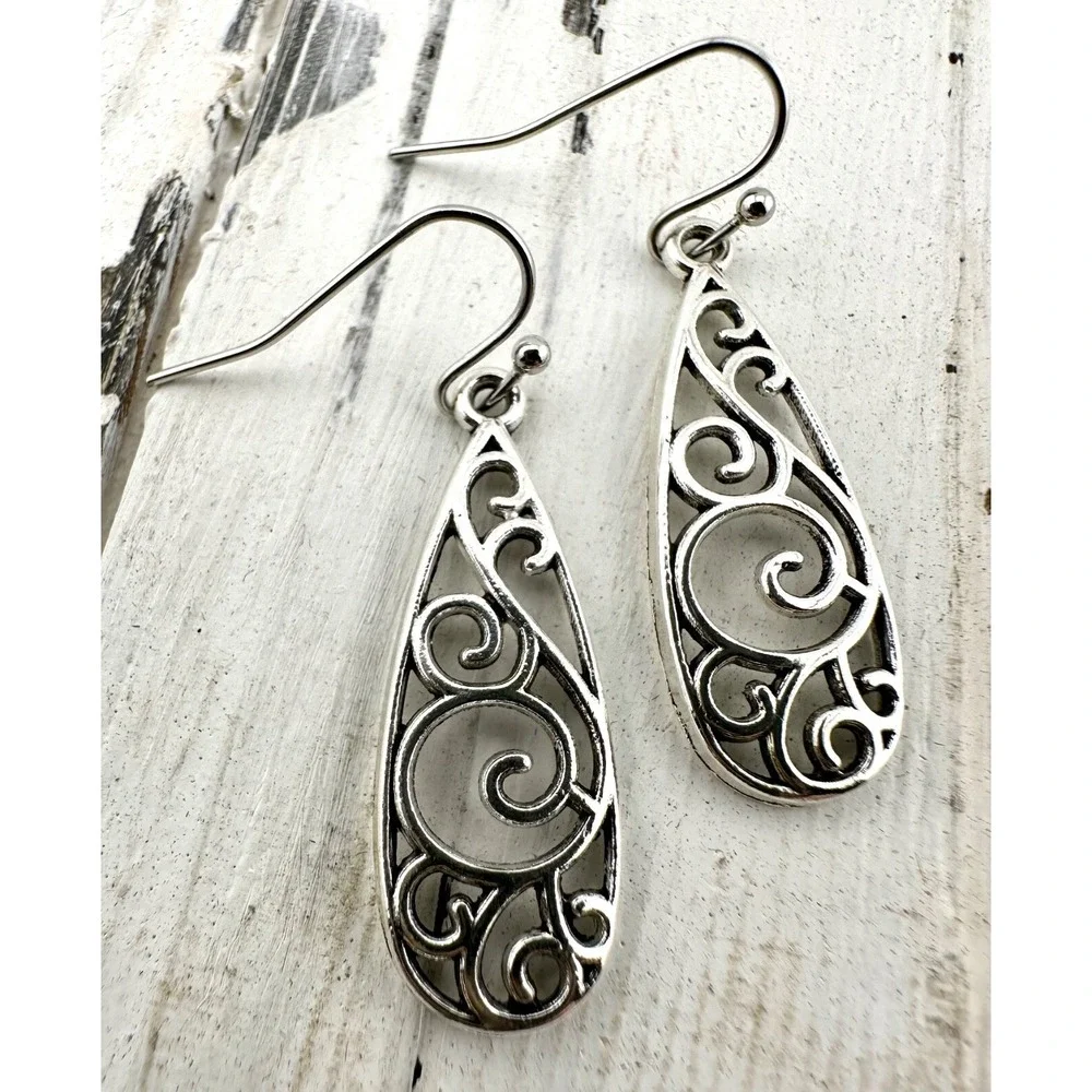 Silver Tone Filigree Swirl Teardrop Earrings